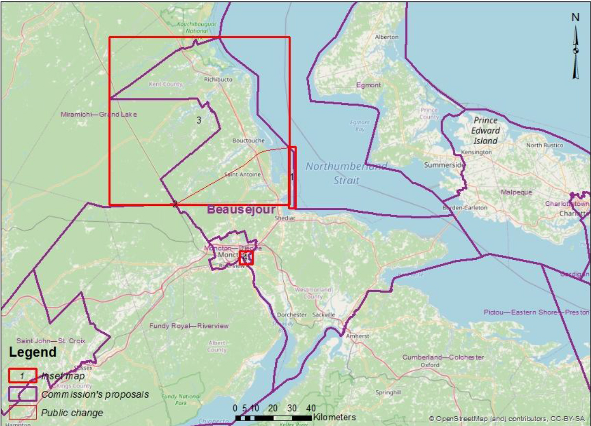 This image shows an alternate proposal affecting the ridings of Miramichi &ndash; Grand Lake and Beausejour