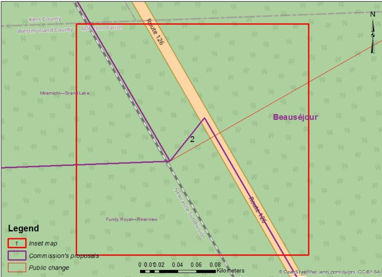 This image shows an alternate proposal affecting the ridings of Fundy Royal &ndash; Riverview, Miramichi &ndash; Grand Lake, and Beausejour.