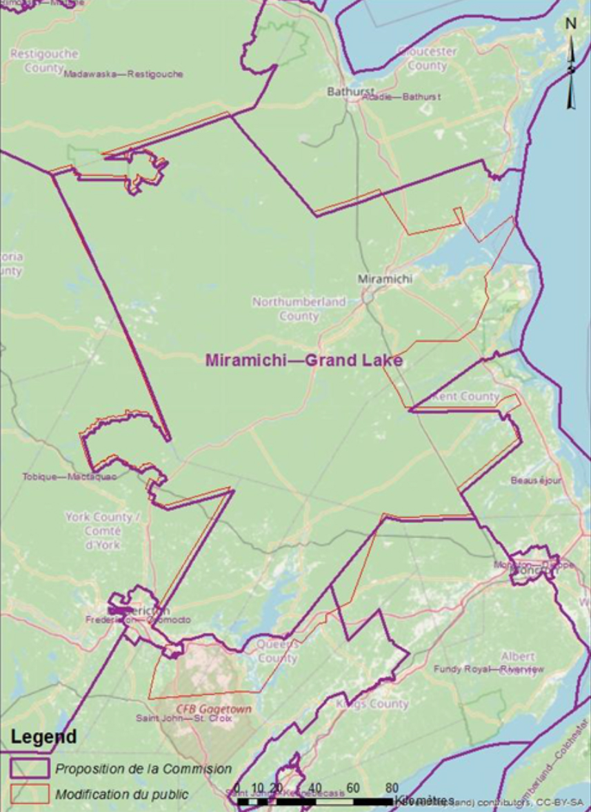 Cette image montre une carte &eacute;lectorale alternative de la circonscription de Miramichi &ndash; Grand Lake.