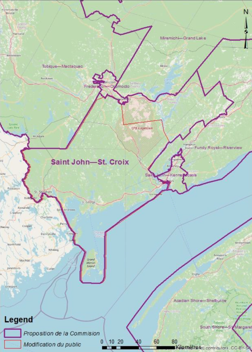 Cette image montre une carte &eacute;lectorale alternative de la circonscription de Saint Jean &ndash; St. Croix.