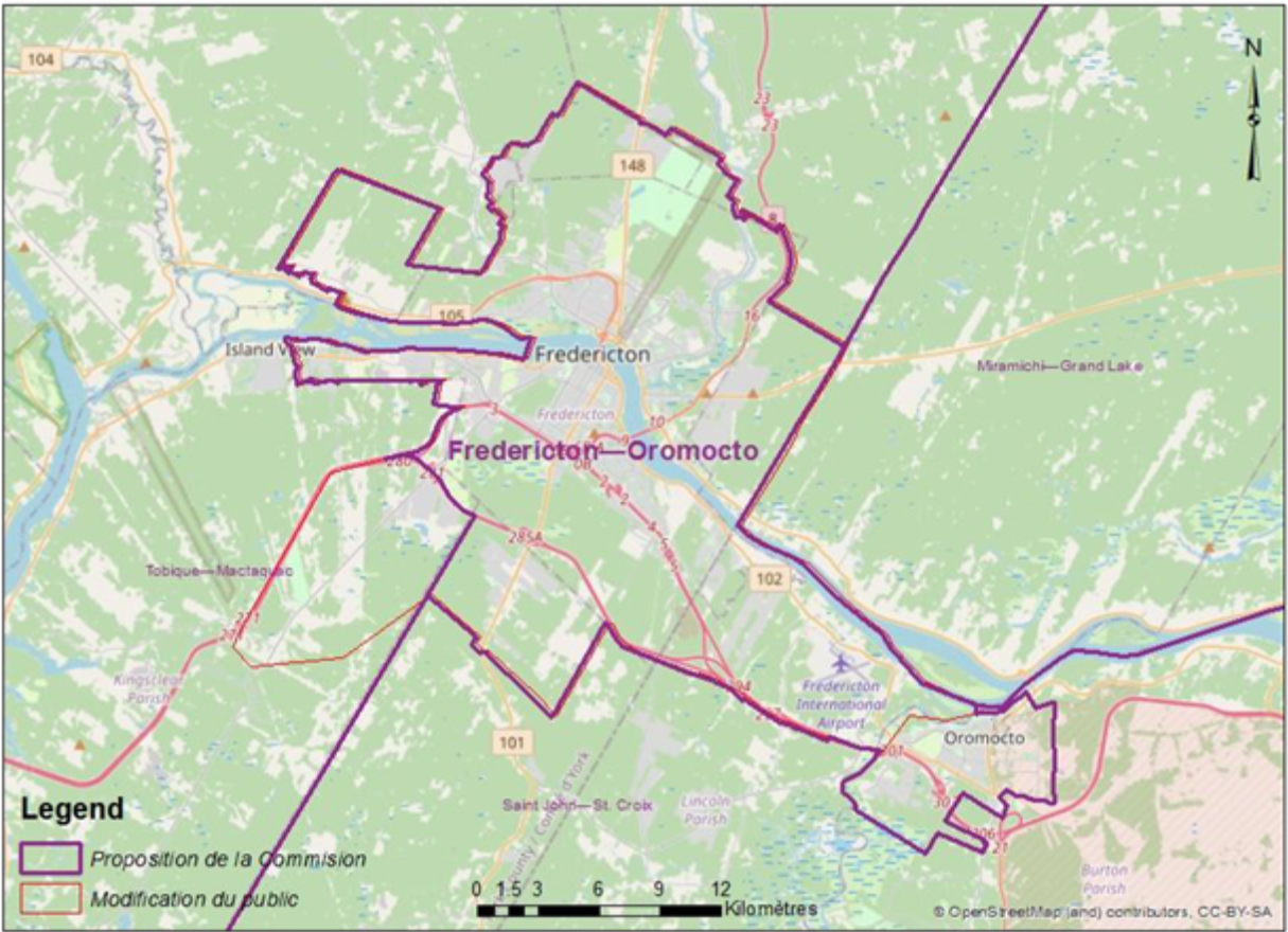 Cette image montre une carte &eacute;lectorale alternative de la circonscription de Fredericton &ndash;  Oromocto.