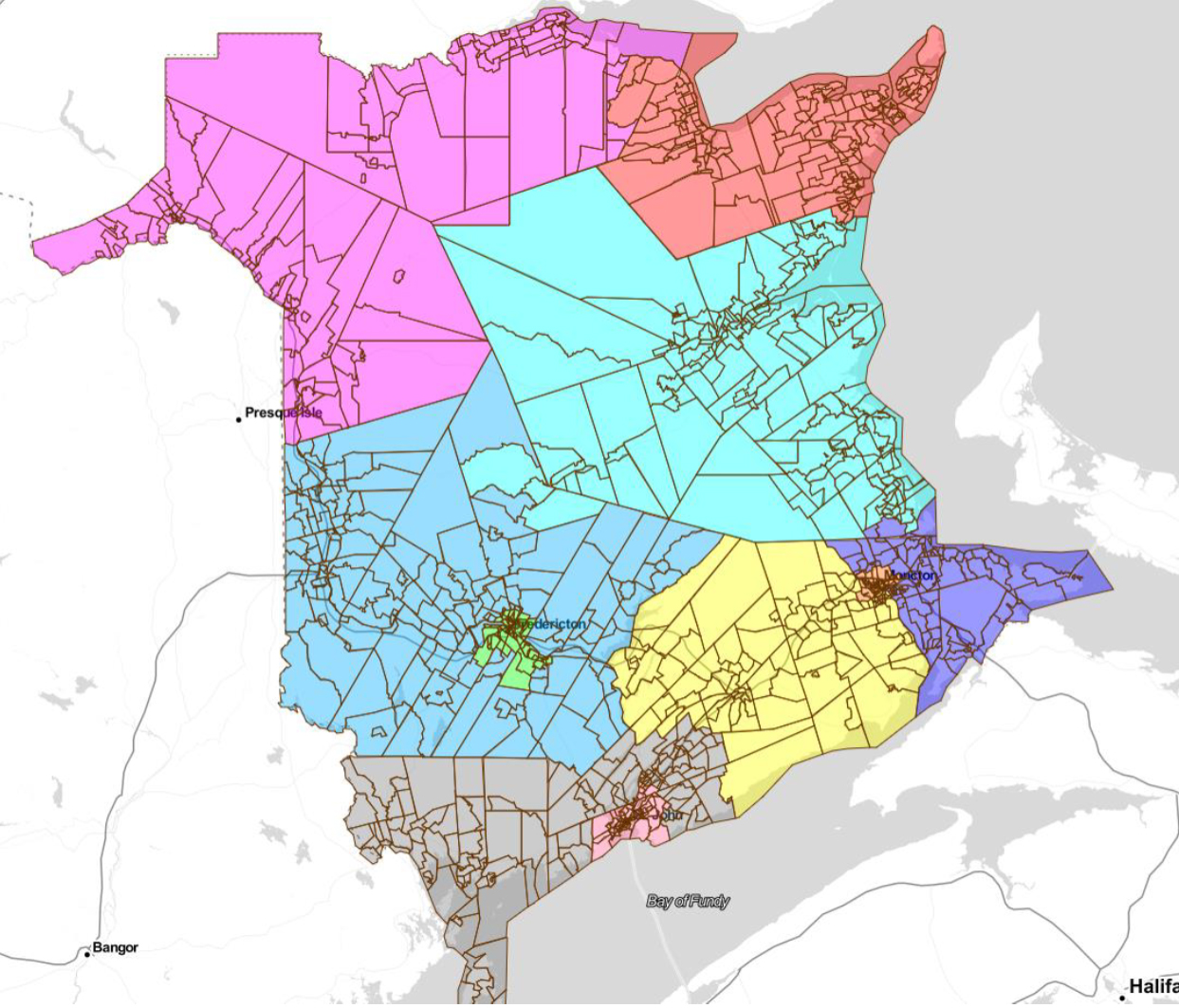 This image shows a proposed map of New Brunswick's electoral districts.