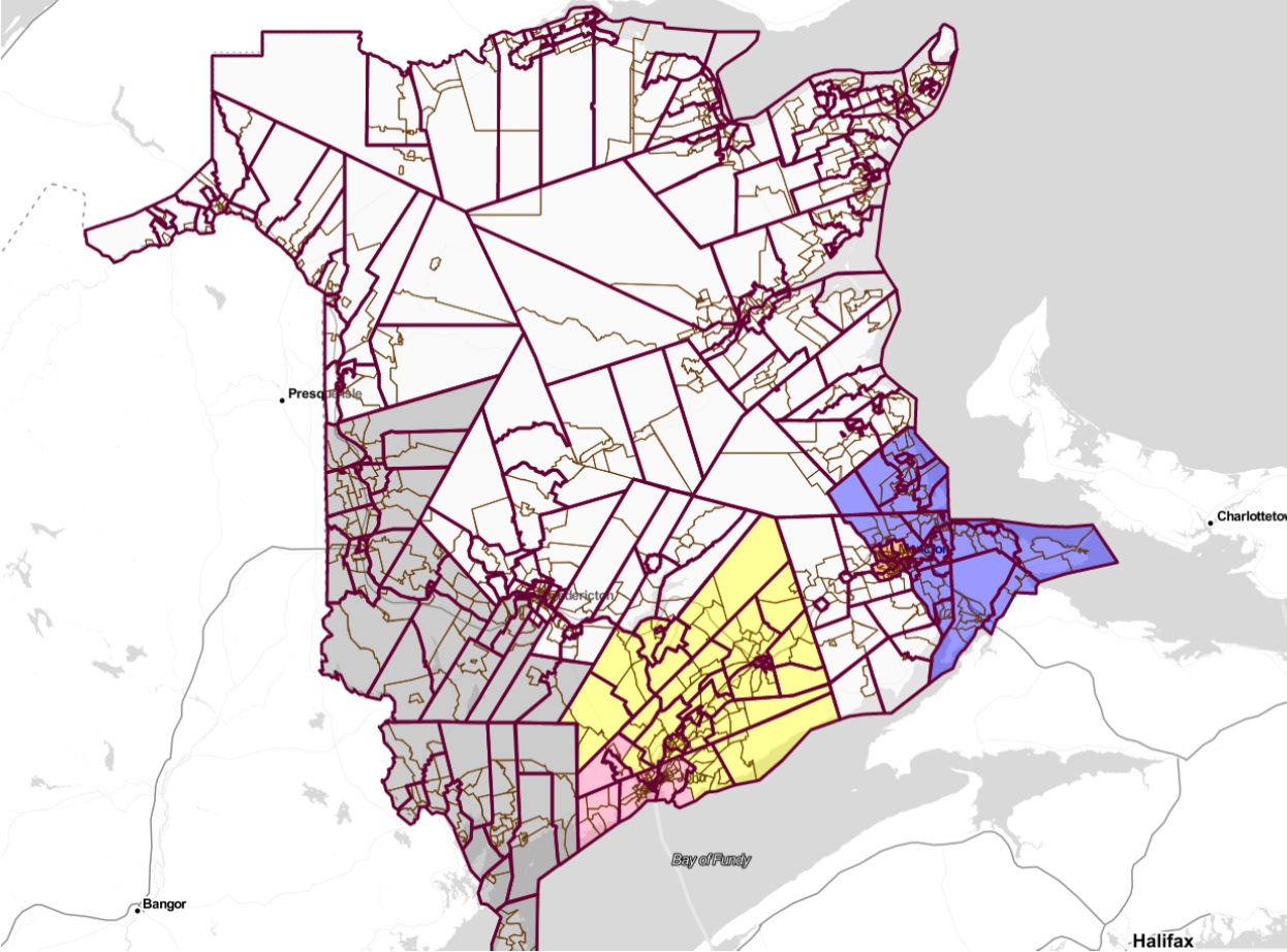 This image shows a proposed map of New Brunswick's electoral districts.