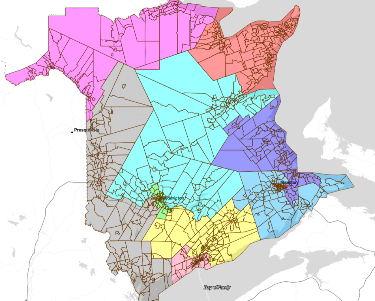 This image shows a proposed map of New Brunswick's electoral districts.