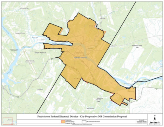 This image shows the City of Fredericton's alternate proposal for the electoral district of Fredericton - Oromocto in yellow.
