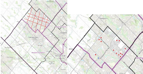 This image shows the location all the community locations which Brampton West will lose as a result of the Commissions' proposal