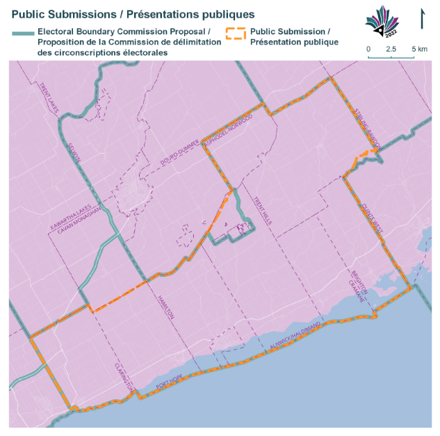 Public Submissions / Soumissions publiques, Electoral Boundary Commission Proposal / Proposition de la Commission de d&eacute;limitation des circonscriptions &eacute;lectorales (Green lines), Public Submission / Pr&eacute;sentation publique (Yellow lines)