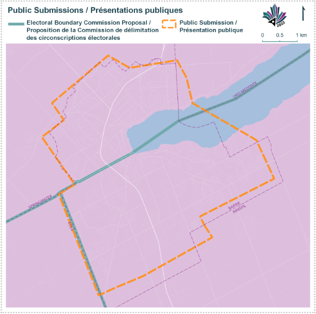 Public Submissions / Soumissions publiques, Electoral Boundary Commission Proposal / Proposition de la Commission de d&eacute;limitation des circonscriptions &eacute;lectorales (Green lines), Public Submission / Pr&eacute;sentation publique (Yellow lines)
