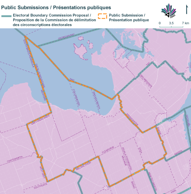 Public Submissions / Soumissions publiques, Electoral Boundary Commission Proposal / Proposition de la Commission de d&eacute;limitation des circonscriptions &eacute;lectorales (Green lines), Public Submission / Pr&eacute;sentation publique (Yellow lines)