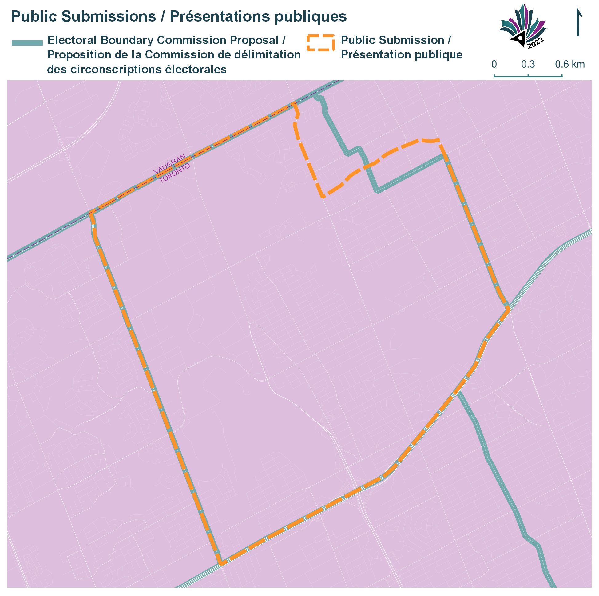 Public Submissions / Soumissions publiques, Electoral Boundary Commission Proposal / Proposition de la Commission de d&eacute;limitation des circonscriptions &eacute;lectorales (Green lines), Public Submission / Pr&eacute;sentation publique (Yellow lines)