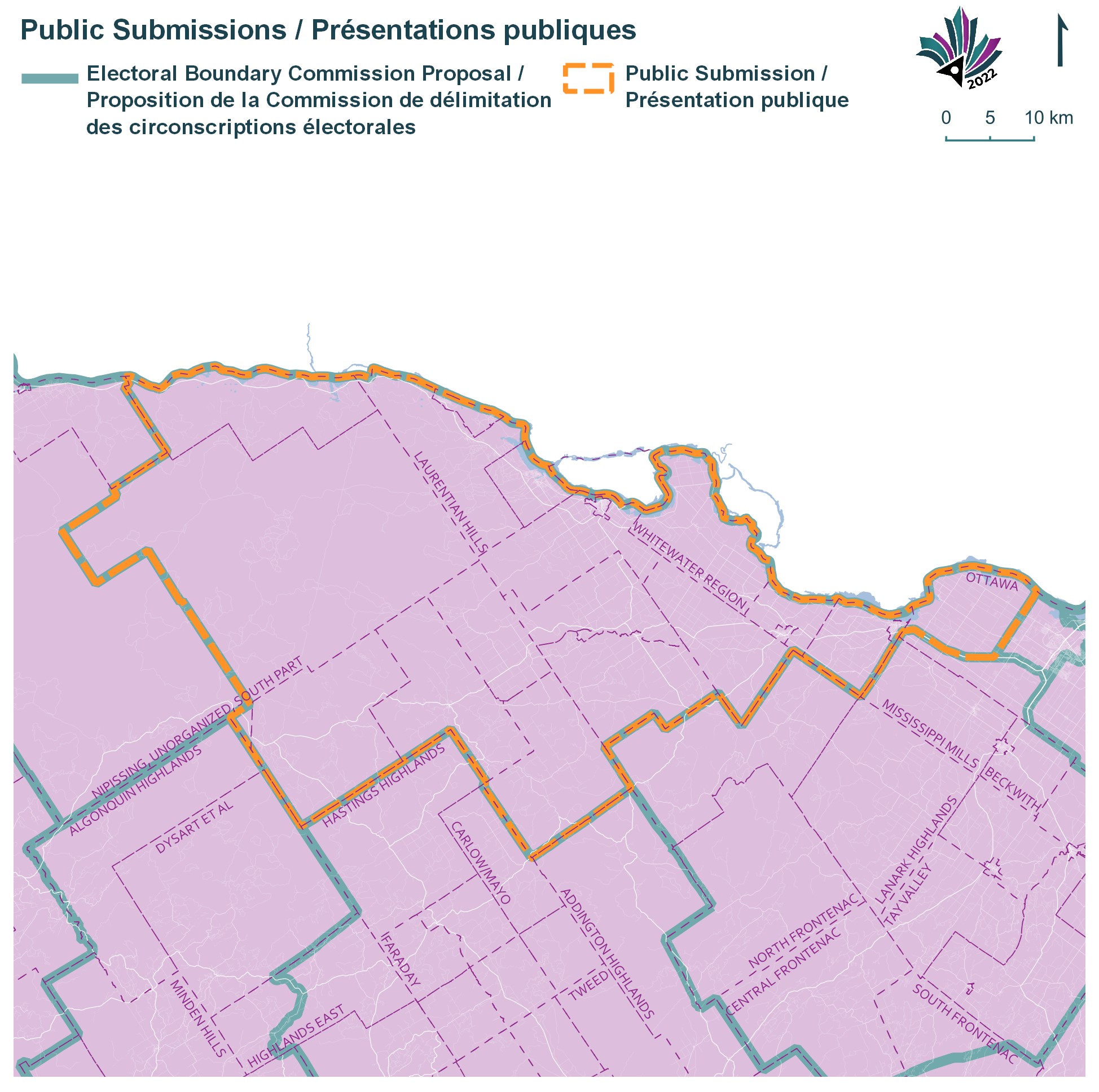 This map shows modifications to the boundaries of the proposed electoral district that the Federal Electoral Boundaries Commission for Ontario calls Algonquin–Renfrew–Pembroke. The solid green line is the Electoral Boundary Commission Proposal and the dashed orange is a public submission.