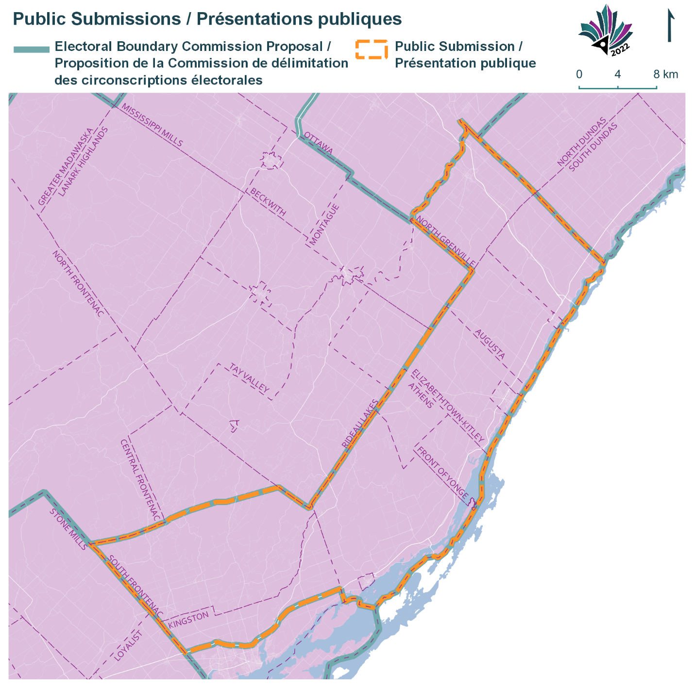 Public Submissions / Soumissions publiques, Electoral Boundary Commission Proposal / Proposition de la Commission de délimitation des circonscriptions électorales (Green lines), Public Submission / Présentation publique (Yellow lines)