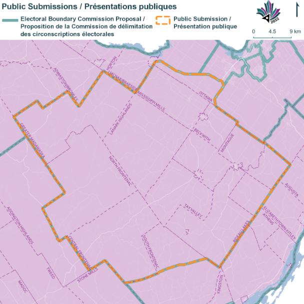 <p>Electoral Boundary Commission Proposal (Green lines), Public Submission (Yellow lines)</p><p lang='fr'>Proposition de la Commission de d&eacute;limitation des circonscriptions &eacute;lectorales (Lignes vertes), Pr&eacute;sentation publique (Lignes jaunes)</p>