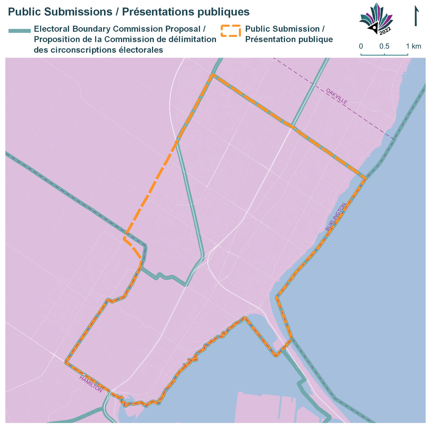 Public Submissions / Soumissions publiques, Electoral Boundary Commission Proposal / Proposition de la Commission de délimitation des circonscriptions électorales (Green lines), Public Submission / Présentation publique (Yellow lines)