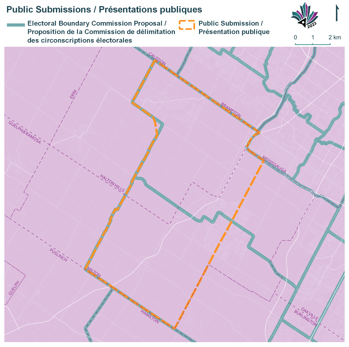 Public Submissions / Soumissions publiques, Electoral Boundary Commission Proposal / Proposition de la Commission de délimitation des circonscriptions électorales (Green lines), Public Submission / Présentation publique (Yellow lines)