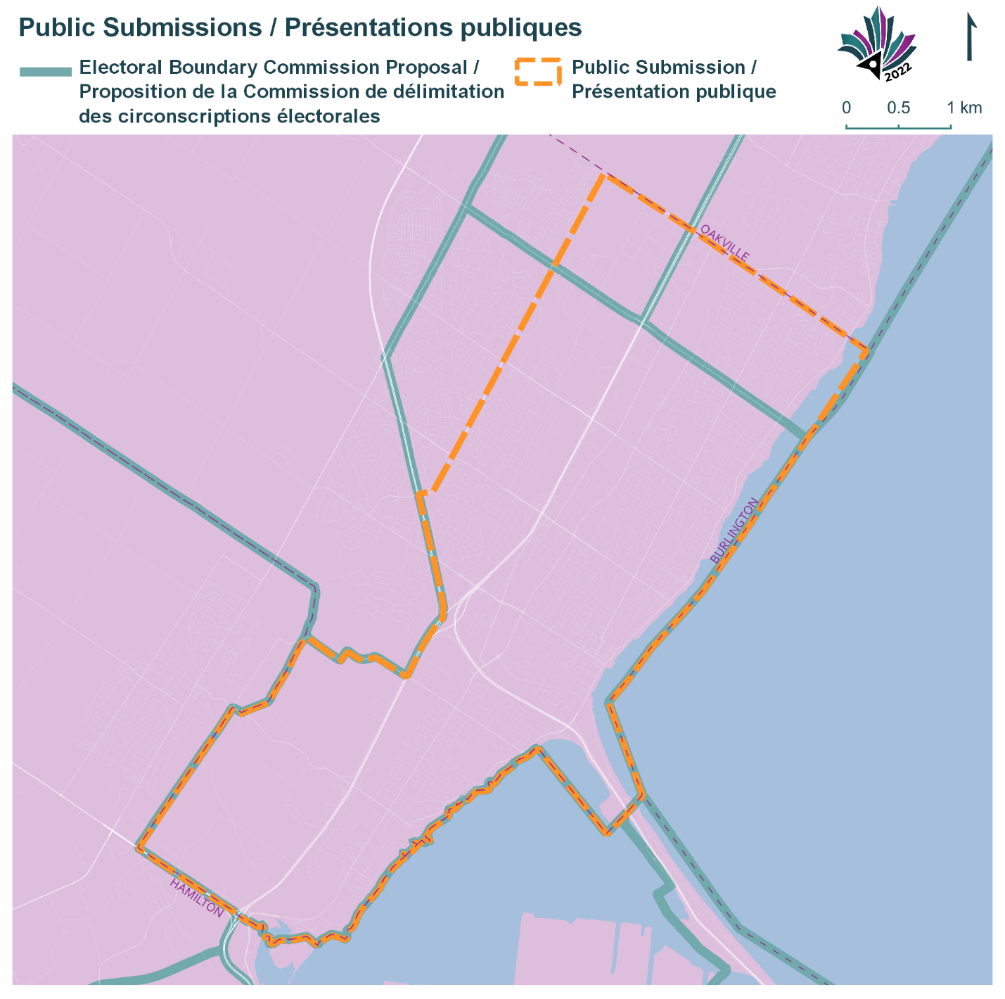 Public Submissions / Soumissions publiques, Electoral Boundary Commission Proposal / Proposition de la Commission de délimitation des circonscriptions électorales (Green lines), Public Submission / Présentation publique (Yellow lines)