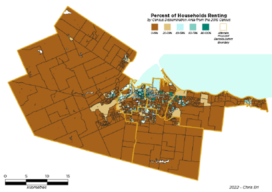 Figure 12: New boundaries overlayed on Census Dissemination Areas depicting percent of households renting