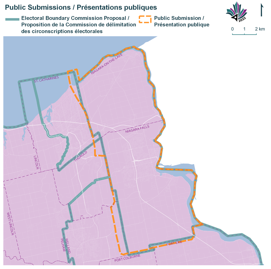 Alternate text: Public Submissions / Soumissions publiques, Electoral Boundary Commission Proposal / Proposition de la Commission de d&eacute;limitation des circonscriptions &eacute;lectorales (Green lines), Public Submission / Pr&eacute;sentation publique (Yellow lines)