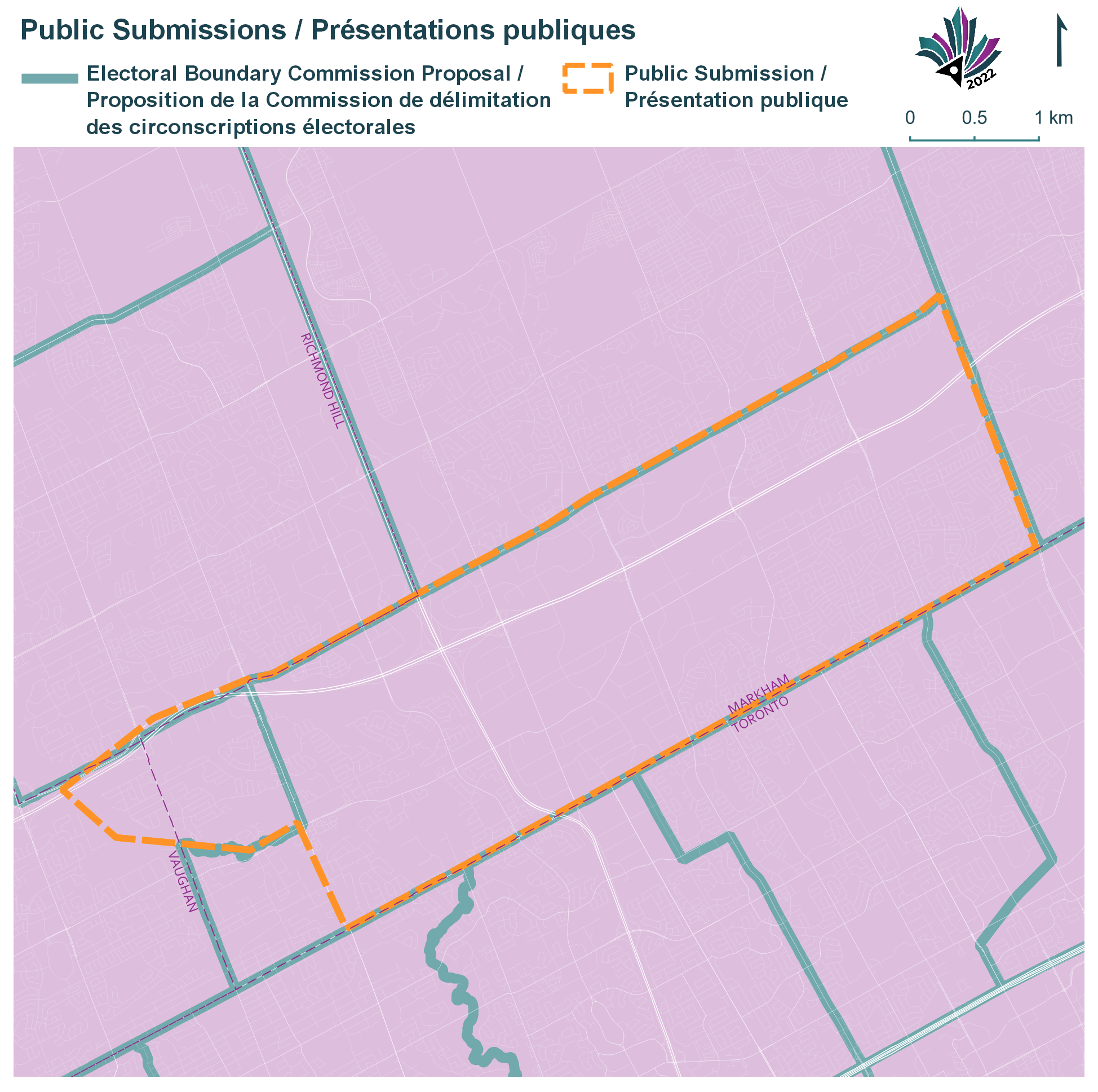 Image shows a map that is described in the written part of the submission. Public Submissions, Electoral Boundary Commission Proposal (Green lines), Public Submission (Yellow lines)