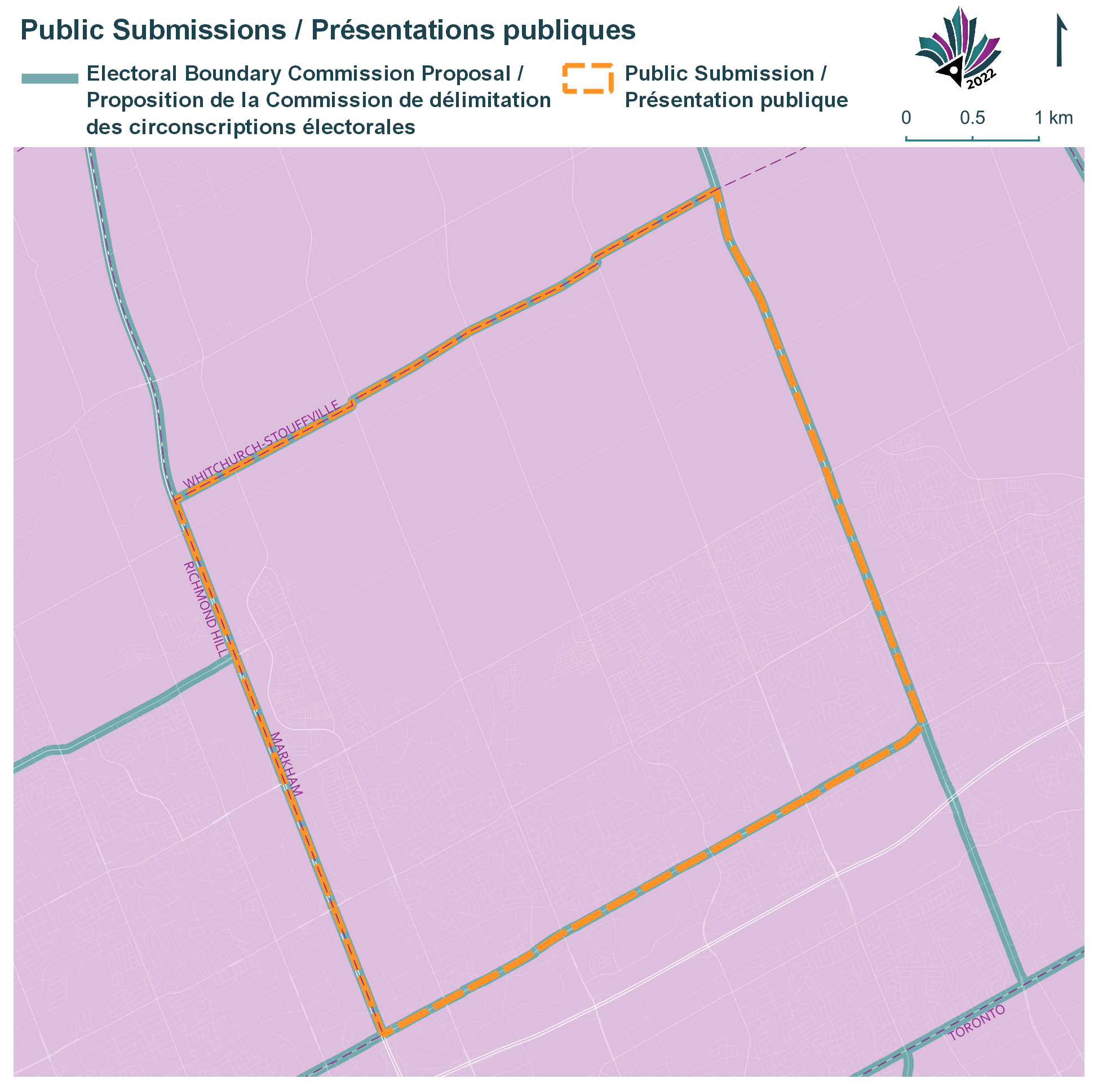  Public Submissions / Soumissions publiques, Electoral Boundary Commission Proposal / Proposition de la Commission de délimitation des circonscriptions électorales (Green lines), Public Submission / Présentation publique (Yellow lines)