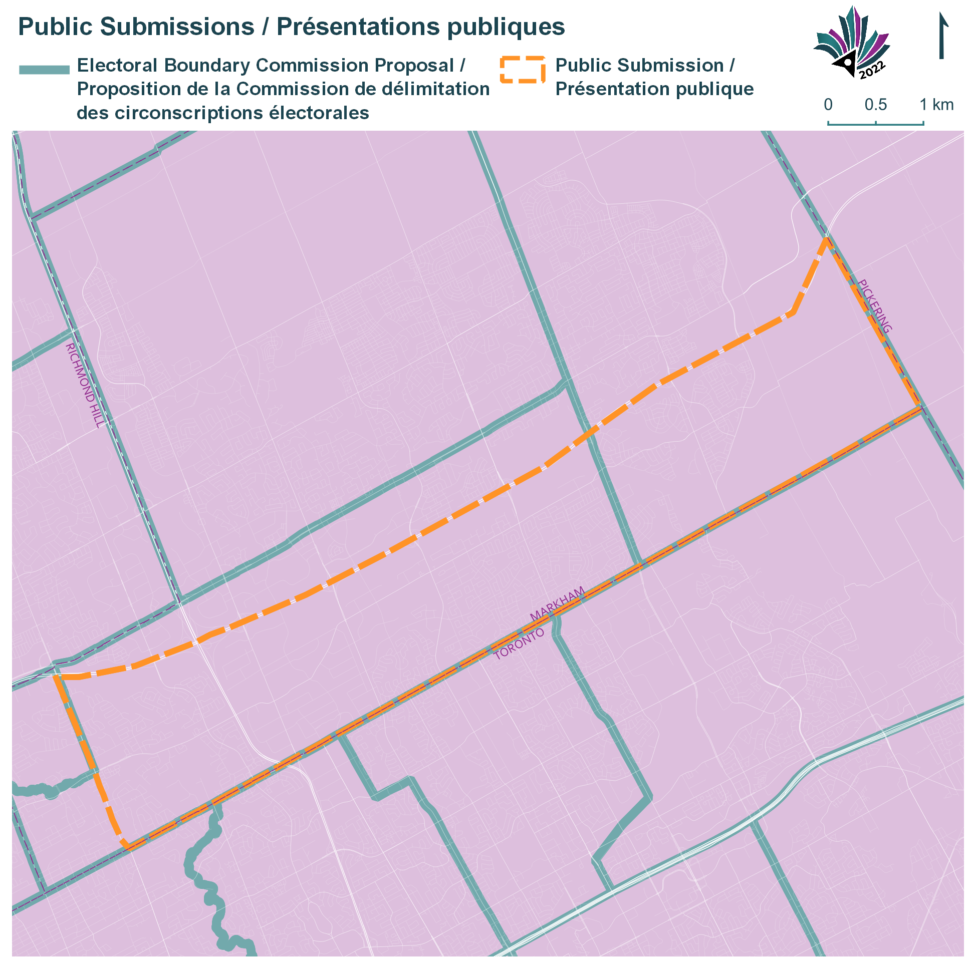 Public Submissions / Soumissions publiques, Electoral Boundary Commission Proposal / Proposition de la Commission de délimitation des circonscriptions électorales (Green lines), Public Submission / Présentation publique (Yellow lines)