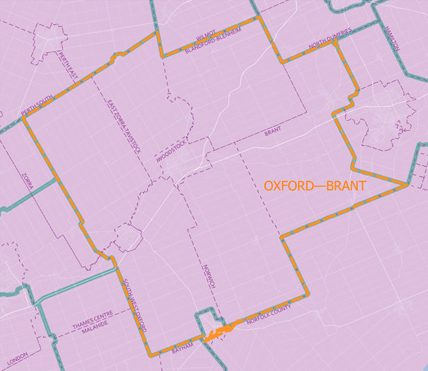 A map with an irregular shaped orange border around the title: Oxford&mdash;Brant. A blue border, labeled Electoral Boundary Commission Proposal, somewhat duplicates the other border, but with differences.