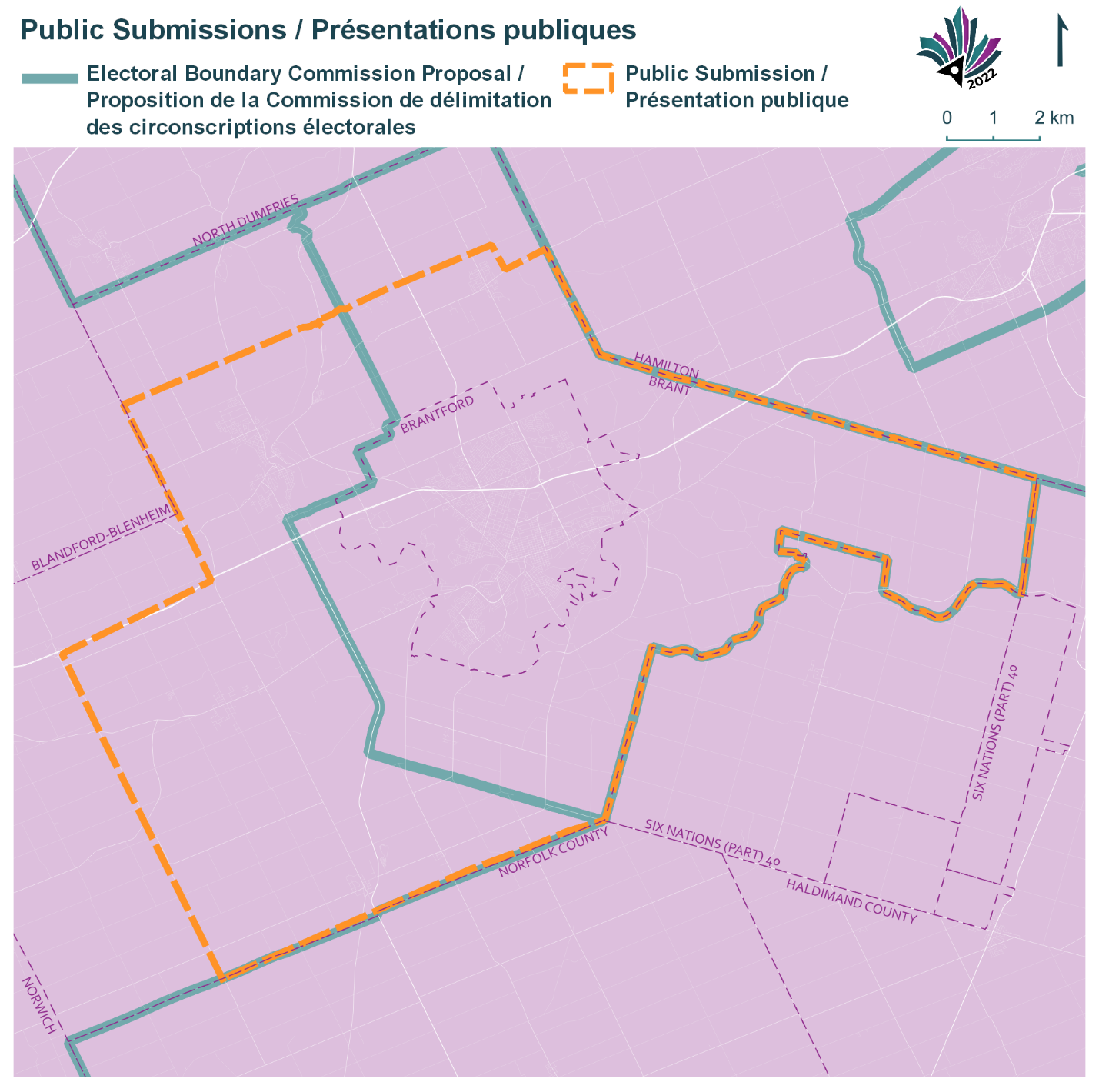 Public Submissions / Soumissions publiques, Electoral Boundary Commission Proposal / Proposition de la Commission de délimitation des circonscriptions électorales (Green lines), Public Submission / Présentation publique (Yellow lines)