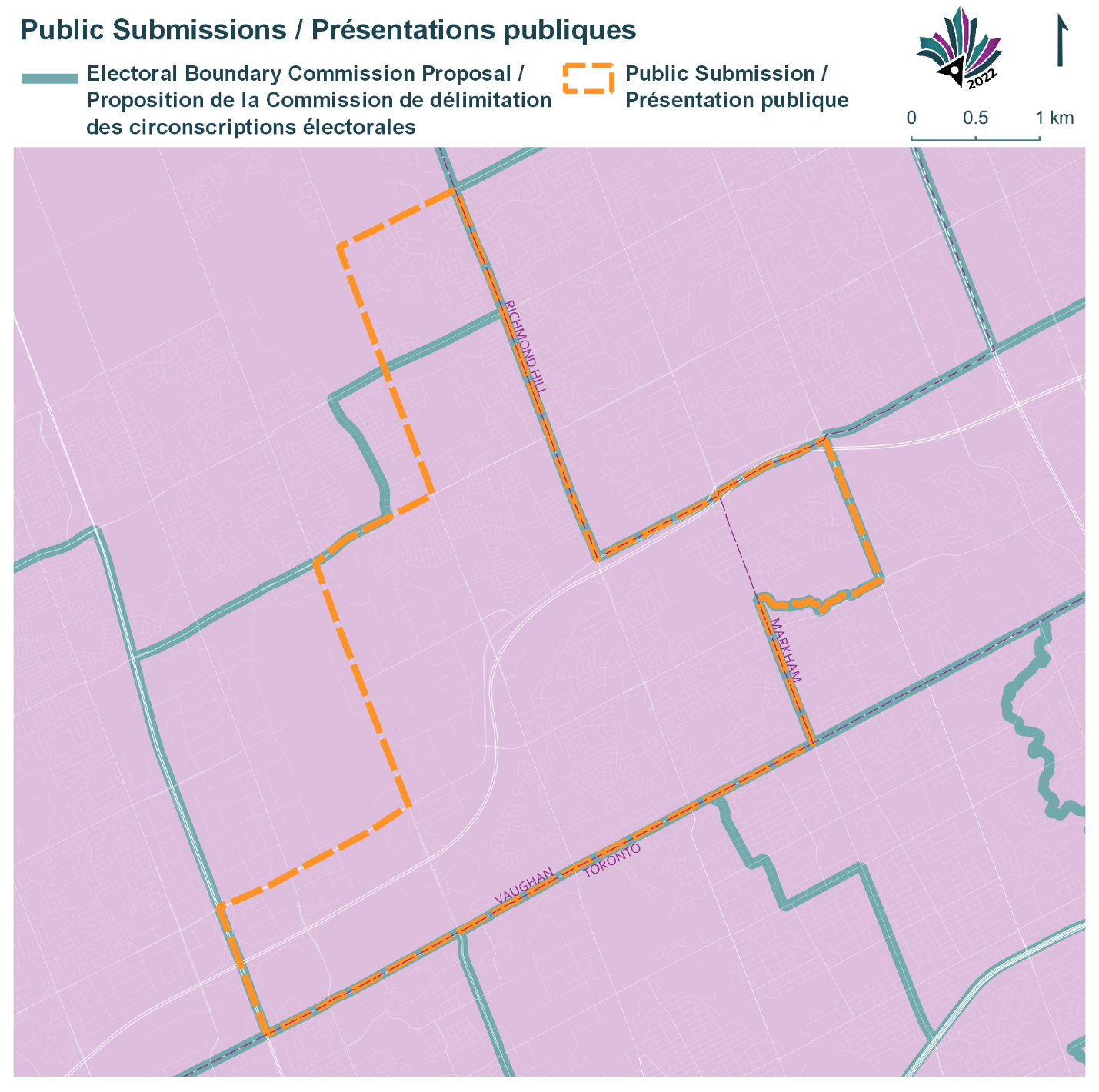 Public Submissions / Soumissions publiques, Electoral Boundary Commission Proposal / Proposition de la Commission de délimitation des circonscriptions électorales (Green lines), Public Submission / Présentation publique (Yellow lines)