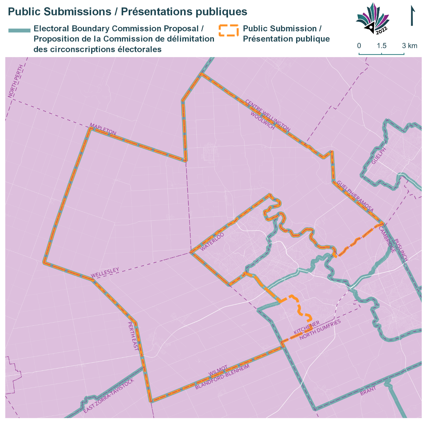 Public Submissions / Soumissions publiques, Electoral Boundary Commission Proposal / Proposition de la Commission de délimitation des circonscriptions électorales (Green lines), Public Submission / Présentation publique (Yellow lines)