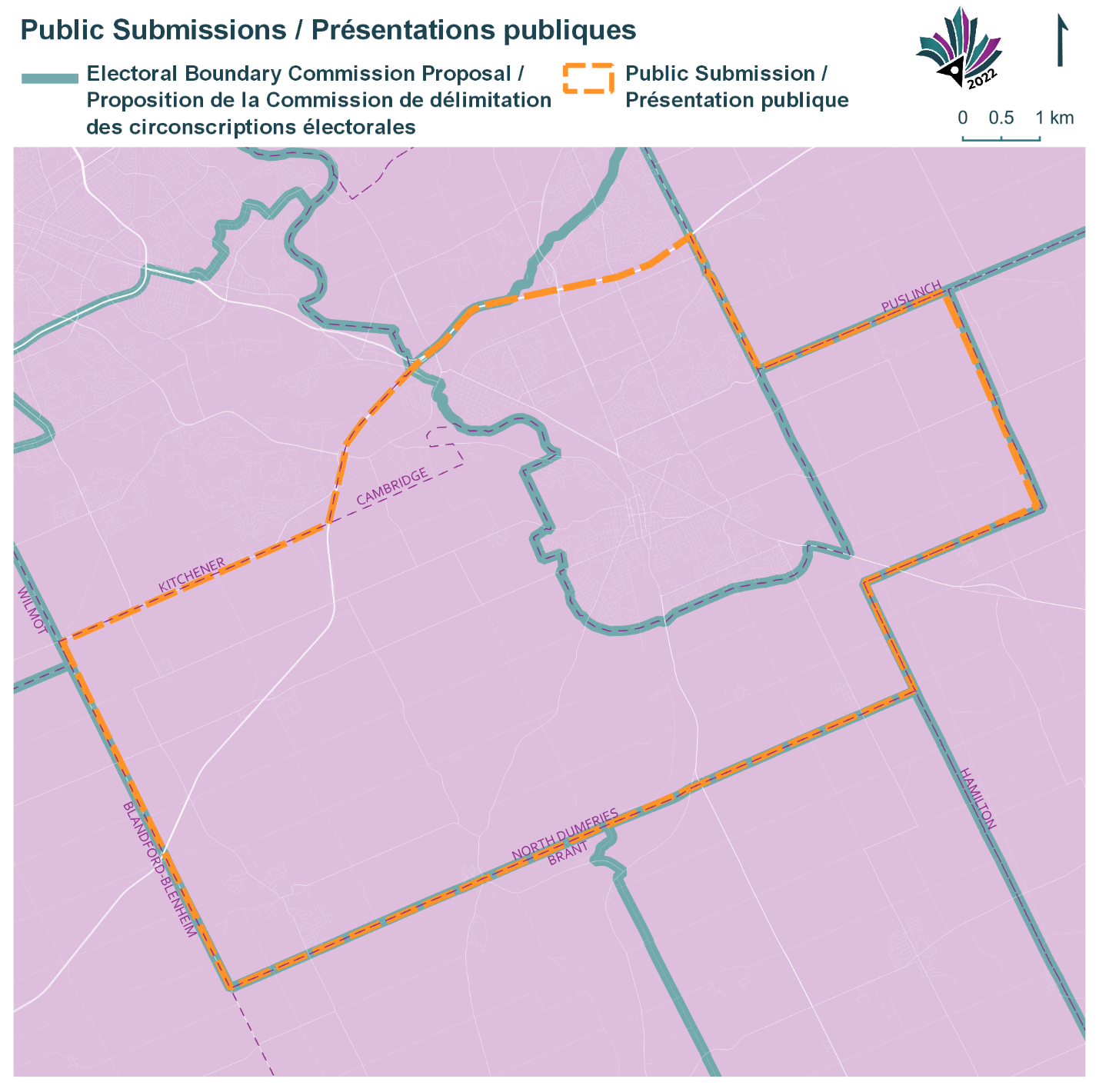 Public Submissions / Soumissions publiques, Electoral Boundary Commission Proposal / Proposition de la Commission de délimitation des circonscriptions électorales (Green lines), Public Submission / Présentation publique (Yellow lines)
