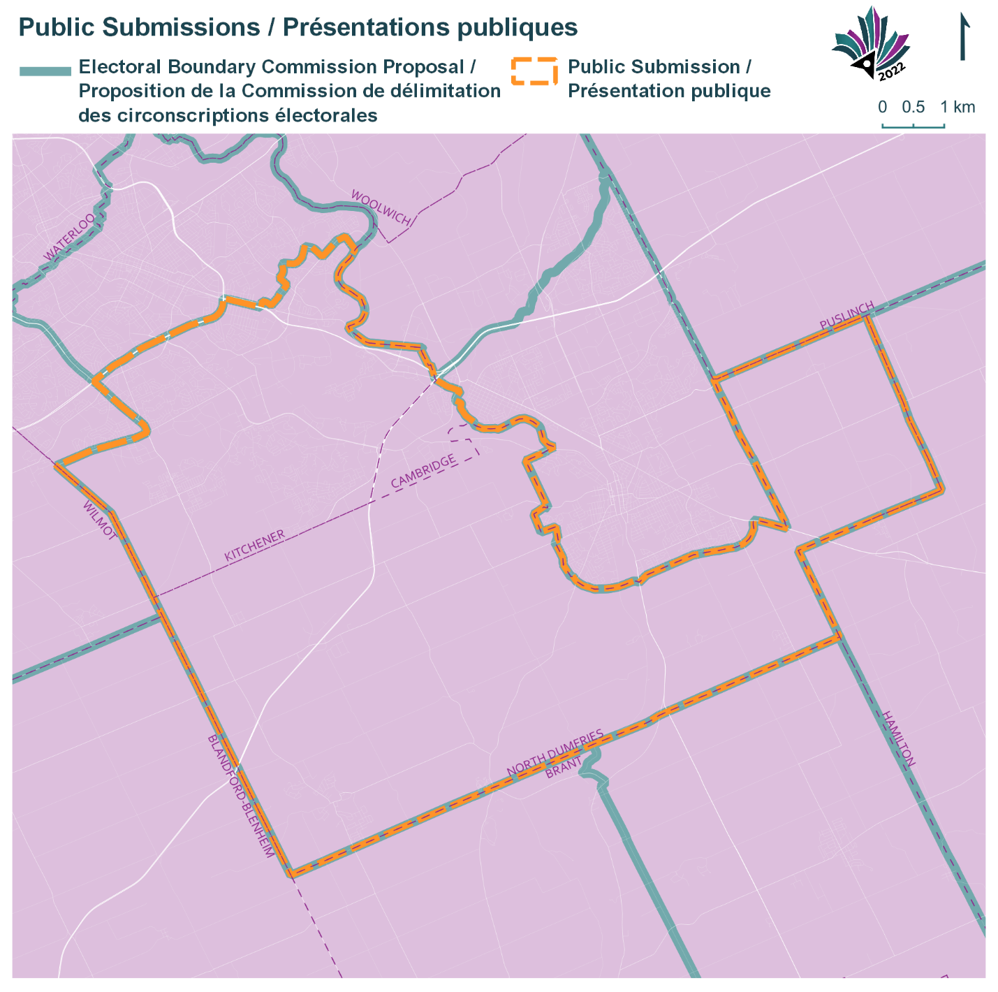 Public Submissions / Soumissions publiques, Electoral Boundary Commission Proposal / Proposition de la Commission de délimitation des circonscriptions électorales (Green lines), Public Submission / Présentation publique (Yellow lines)