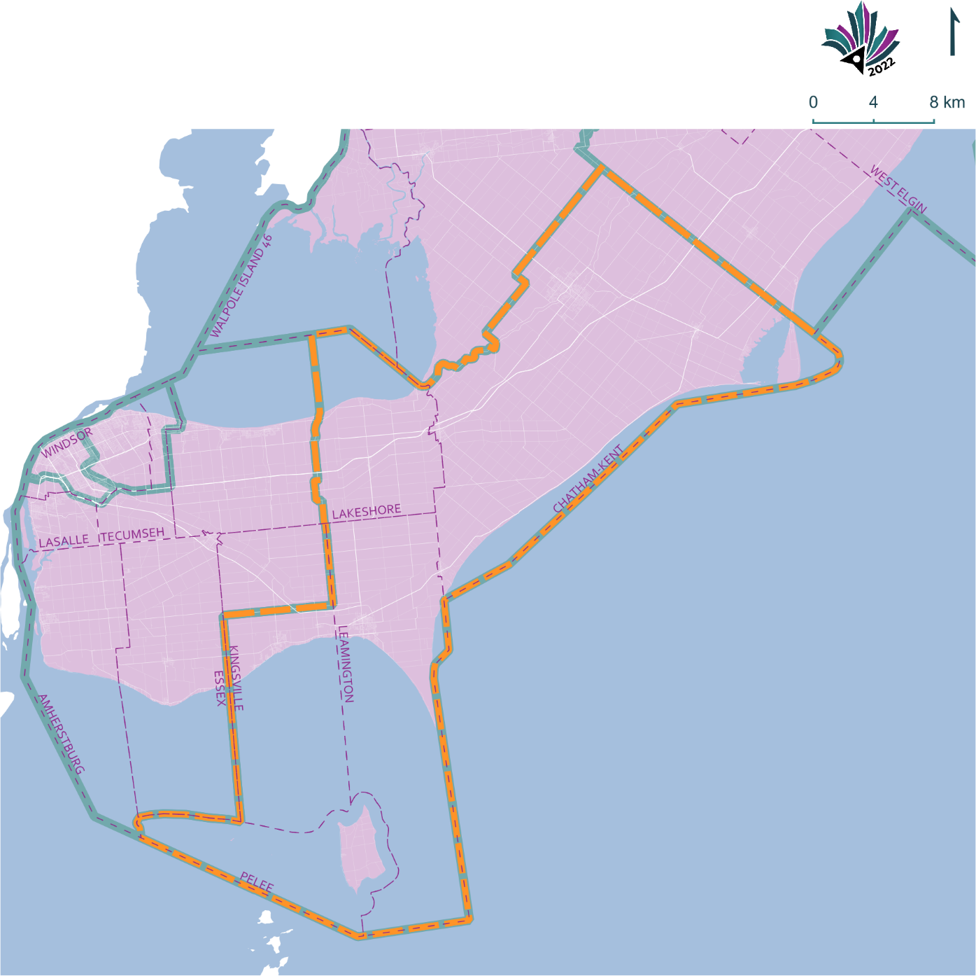 Image shows a map that is described in the written part of the submission. Electoral Boundary Commission Proposal, Green lines. Public Submission, Yellow lines.