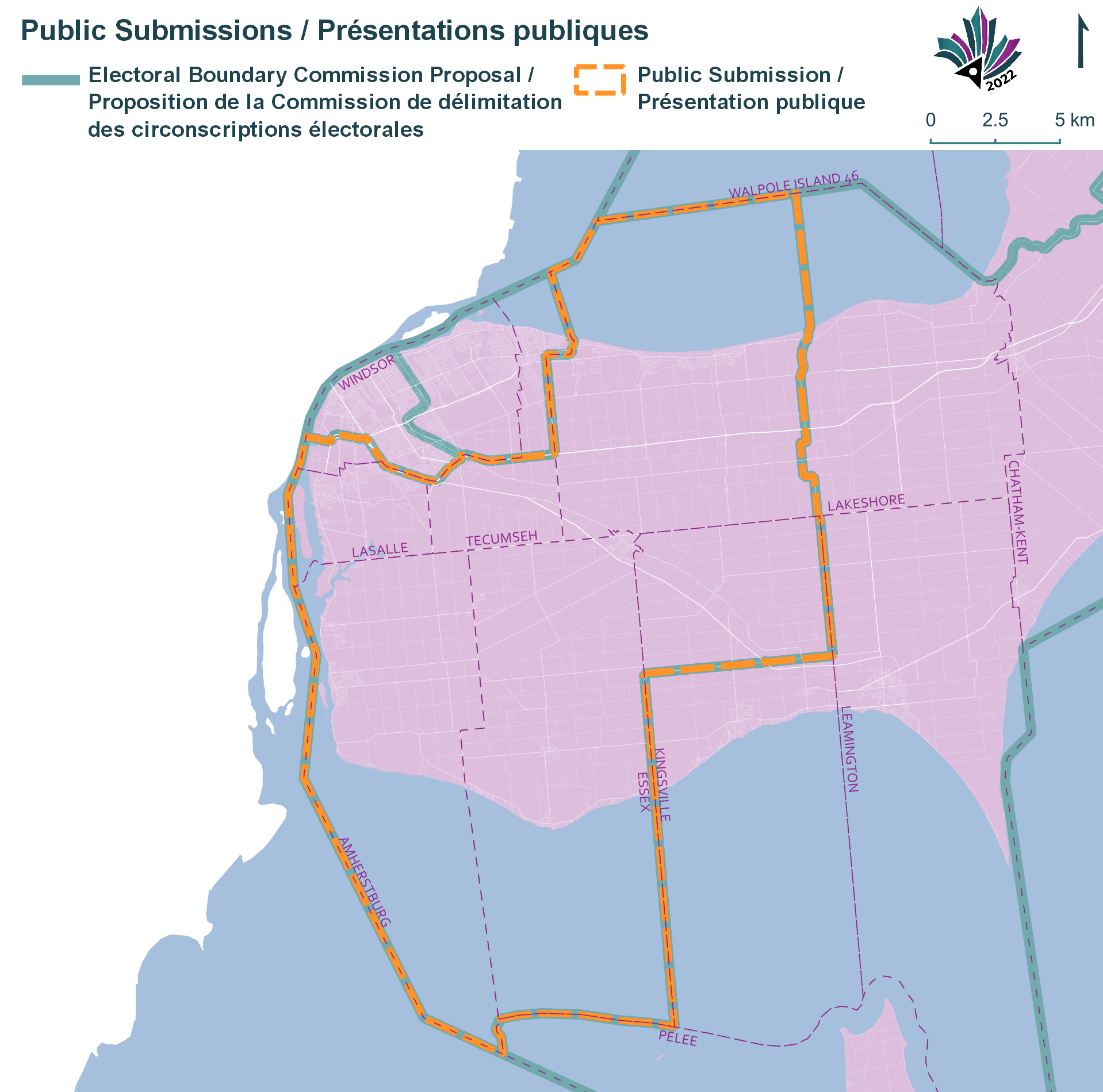 Image shows a map that is described in the written part of the submission. Electoral Boundary Commission Proposal, green lines. Public Submission, yellow lines.