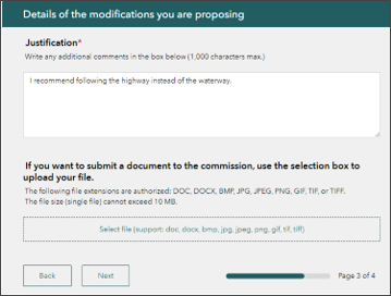Questionnaire page to provide justifications