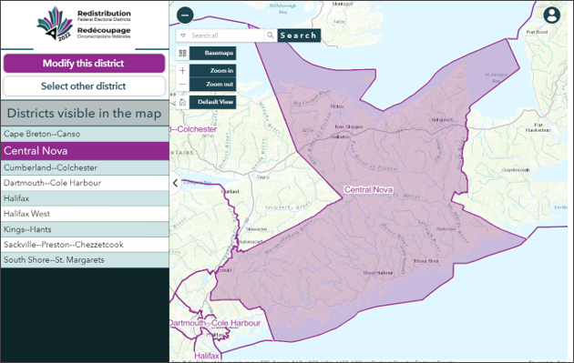 The electoral district Central Nova is highlighted on the map