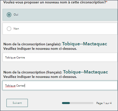 Page du questionnaire pour proposer un changement de nom