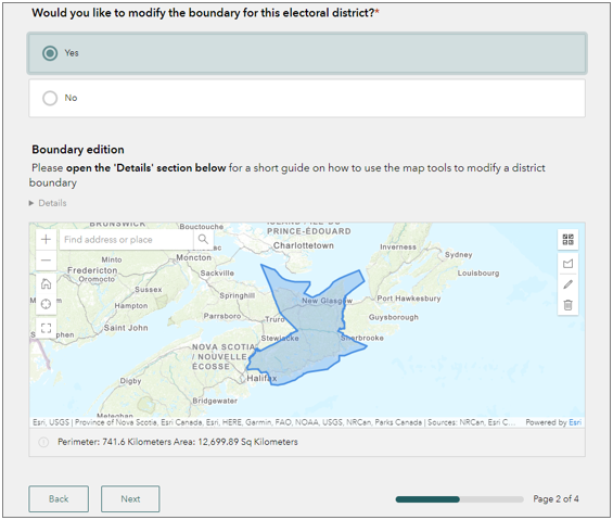 Questionnaire page to propose a boundary change to one electoral district